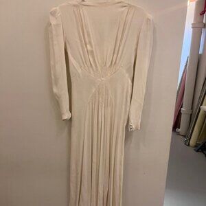 Ivory Vintage Crepe Dress with Cinch Waist, Button Details, High Low Skirt
